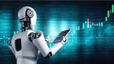 AI robot holding tablet with ETFs chart on it on stock chart background.