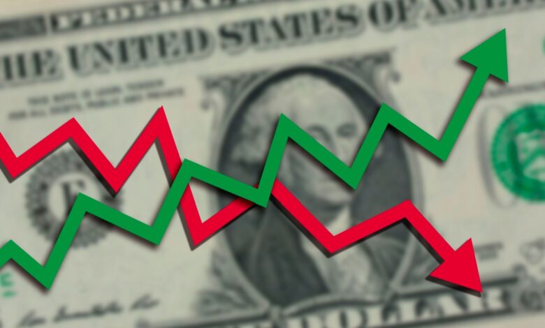 U.S. dollar bill background with blurred portrait and bold zigzag arrows showing market volatility—green upward trend line and red downward trend line, symbolizing rising and falling stock prices, finance, investment risk, inflation, forex, economic uncertainty.
