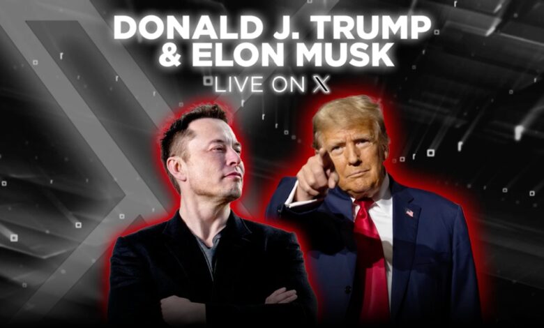 Elon Musk stands with his arms crossed next to Donald Trump, with the words "Donald J. Trump and Elon Musk Live on X" above.