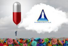 Biotech therapy pill shaped balloon floating above dangerous disease cells.