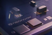 Dark purple computer circuit board with Neonode logo on it.