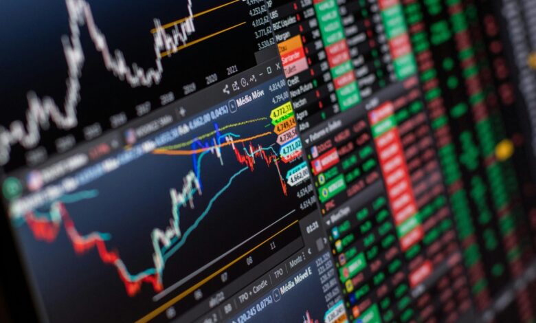 Stock charts and ticker stream on computer screen.