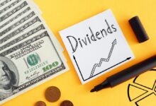 The word dividends written in black marker on a white post-it note, next to several spread out hundred dollar bills on a yellow background.