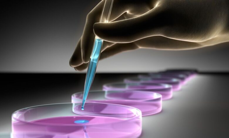 Hand drops blue substance from dropper into purple petri dish.