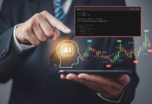Businessman points to AI head next to rising stock chart with buy and sell signals.