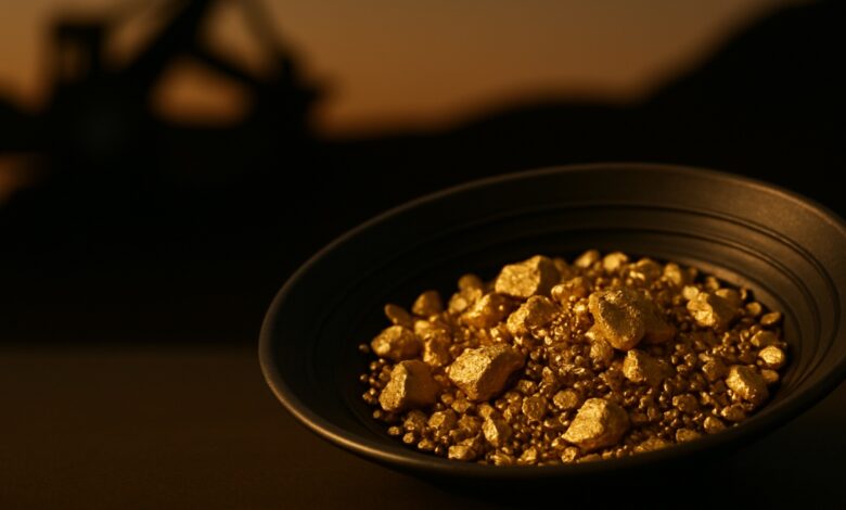 Prospector's pan full of gold nuggets with excavator silhouette in the background.