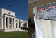 Image of Federal Reserve building next to image of renovation with asbestos danger sign.