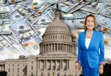 Nancy Pelosi in front of U.S. Congress with money in background.