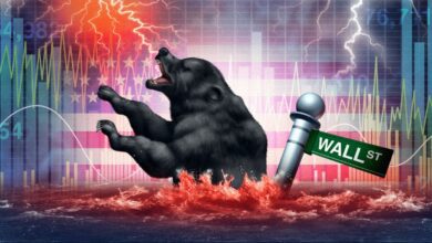 Illustration of a roaring black bear sinking in the turbulent red water, symbolizing a bearish stock market. The background features lightning, volatile financial charts, and a tilted Wall Street sign, representing market instability and downturn.