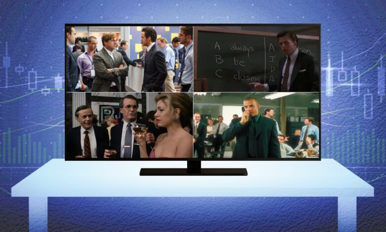 A TV screen on a desk displays four iconic scenes from popular stock market-related movies. The background features a digital stock market chart with blue tones and candlestick graphs. The movies shown include The Big Short (top left), Glengarry Glen Ross (top right), Wall Street (bottom left), and Boiler Room (bottom right).