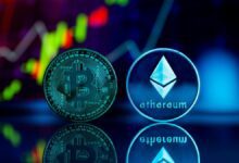 Bitcoin and Ethereum crypto coins with bullish trading chart in the background, representing rising digital asset market trends.