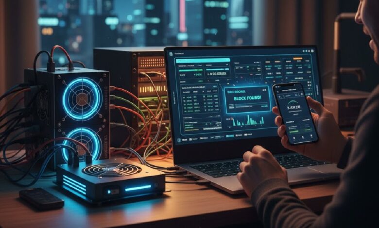 A man sitting at his computer holding a smartphone next to his Bitcoin mining rig after successfully mining a block.