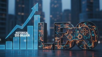 The letters LBO, with a video game controller design woven into them, next to a blue upward graph, with a blurred city skyline in the background.