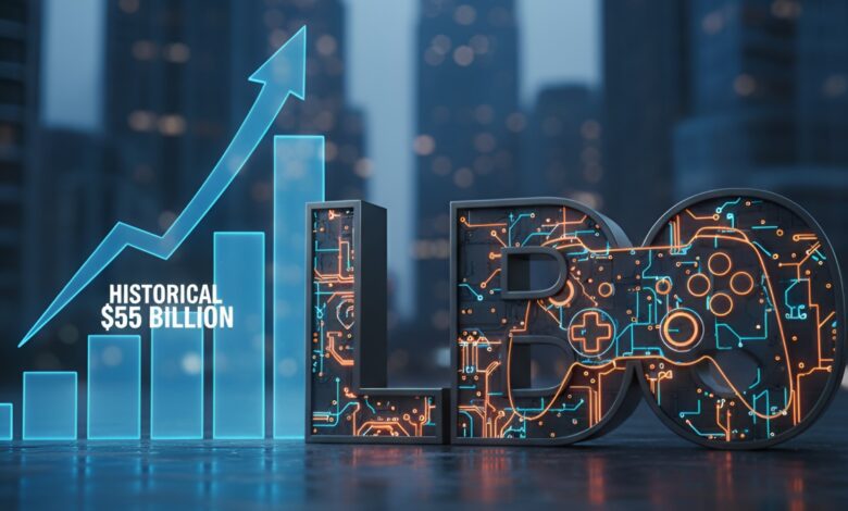 The letters LBO, with a video game controller design woven into them, next to a blue upward graph, with a blurred city skyline in the background.