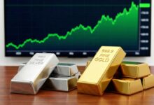 Stacks of silver and gold bars labeled "999 FINE SILVER" and "999.9 FINE GOLD" are displayed on a wooden surface in the foreground. In the background, a green upward-trending financial chart is shown on a screen, suggesting rising market prices for precious metals.