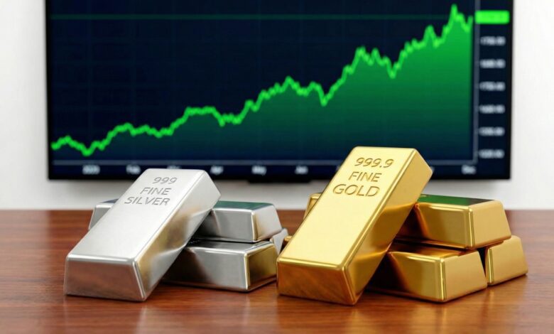 Stacks of silver and gold bars labeled "999 FINE SILVER" and "999.9 FINE GOLD" are displayed on a wooden surface in the foreground. In the background, a green upward-trending financial chart is shown on a screen, suggesting rising market prices for precious metals.