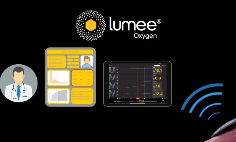 Graphic showing the Lumee Oxygen system with a doctor icon, patient report, tablet displaying oxygen data, and a wearable sensor sending wireless signals.