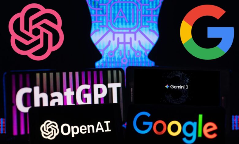 A digital illustration representing AI competition, featuring the logos of OpenAI and Google. The image shows ChatGPT, OpenAI, Google, and Gemini 3 logos on screens, with silhouetted human profiles and a glowing AI circuit graphic in the background, symbolizing the rivalry between major AI platforms.