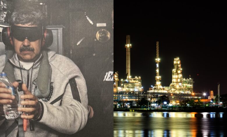 Split image showing a blindfolded and handcuffed Nicolas Maduro holding a water bottle on the left, and a brightly lit oil refinery at night on the right.