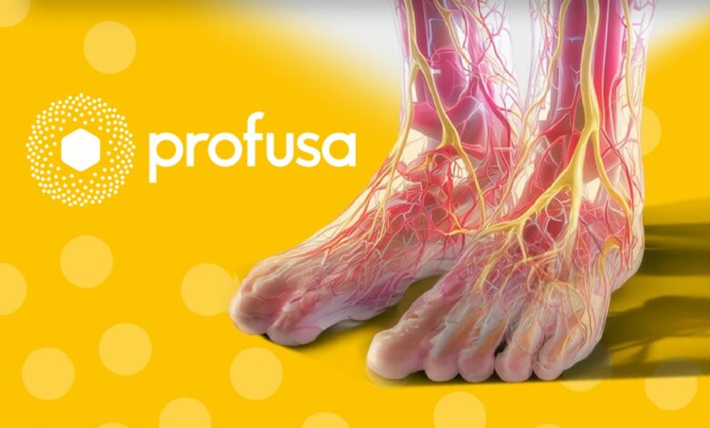 Illustration of human feet showing blood vessels with the Profusa logo on a yellow background.