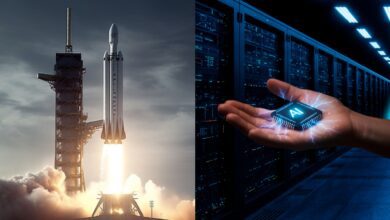 Split image showing a SpaceX rocket launch on the left and a glowing AI microchip held in a human hand inside an xAI data center on the right.