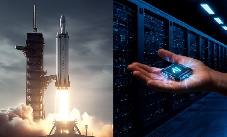 Split image showing a SpaceX rocket launch on the left and a glowing AI microchip held in a human hand inside an xAI data center on the right.
