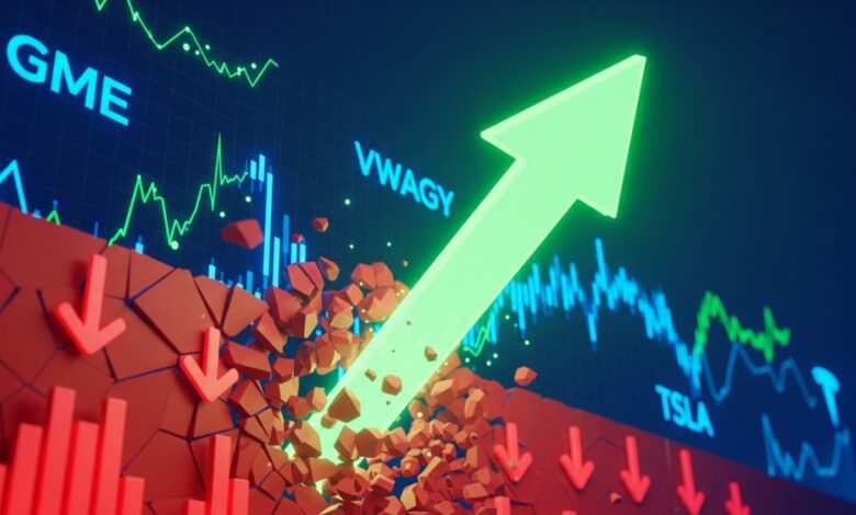 3D stock market concept image showing a glowing green upward arrow bursting through a cracked red downward-trending chart, with red decline arrows, blue and green price graphs, and ticker symbols like GME, VWAGY, and TSLA, symbolizing a sudden bullish breakout caused by a short squeeze.