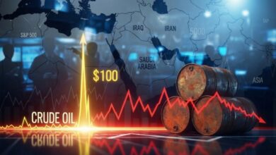Crude oil graphic showing a Middle East map, oil barrels, a red price chart, and “$100,” symbolizing oil market volatility and rising prices.