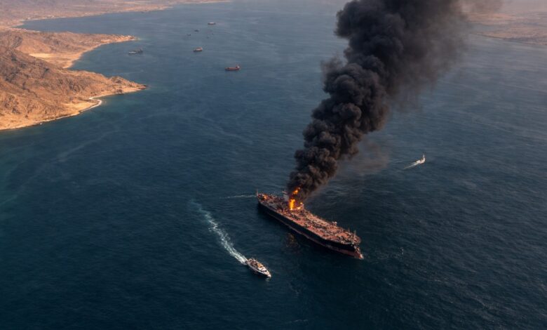 Aerial view of a burning oil tanker with thick black smoke rising above a narrow shipping route in the Straight of Hormuz in the Persian Gulf.