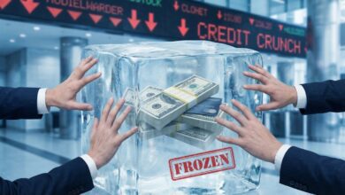 Hands reaching toward cash and a credit card frozen inside a large block of ice, with a stock ticker behind reading credit crunch.