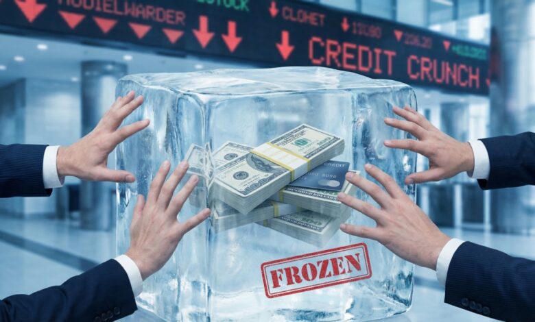 Hands reaching toward cash and a credit card frozen inside a large block of ice, with a stock ticker behind reading credit crunch.